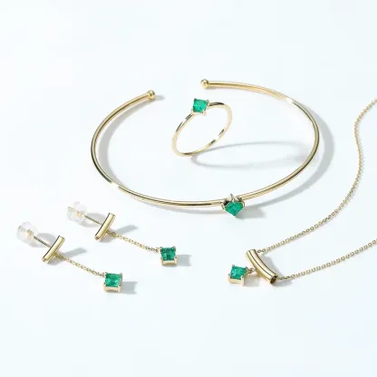 JewelyKing Luxury 14K Trending Geometric Emerald Diamond Solid Gold Charm Necklace JKNS0137