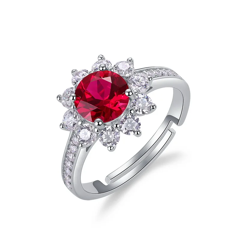 JewelyKing S925 Silver Sunflower Ruby Open Band Lab Grown Colored Gemstones Ring JKRS0257