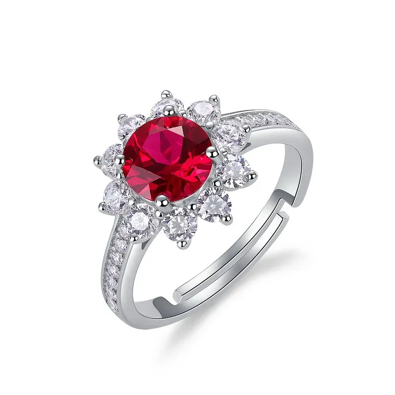 JewelyKing S925 Silver Sunflower Ruby Open Band Lab Grown Colored Gemstones Ring JKRS0257