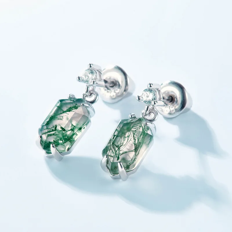 Jewelyking S925 Sterling Silver White Gold Plated Cubic Zirconia Tree Bark Natural Moss Agate Earring JKES0086