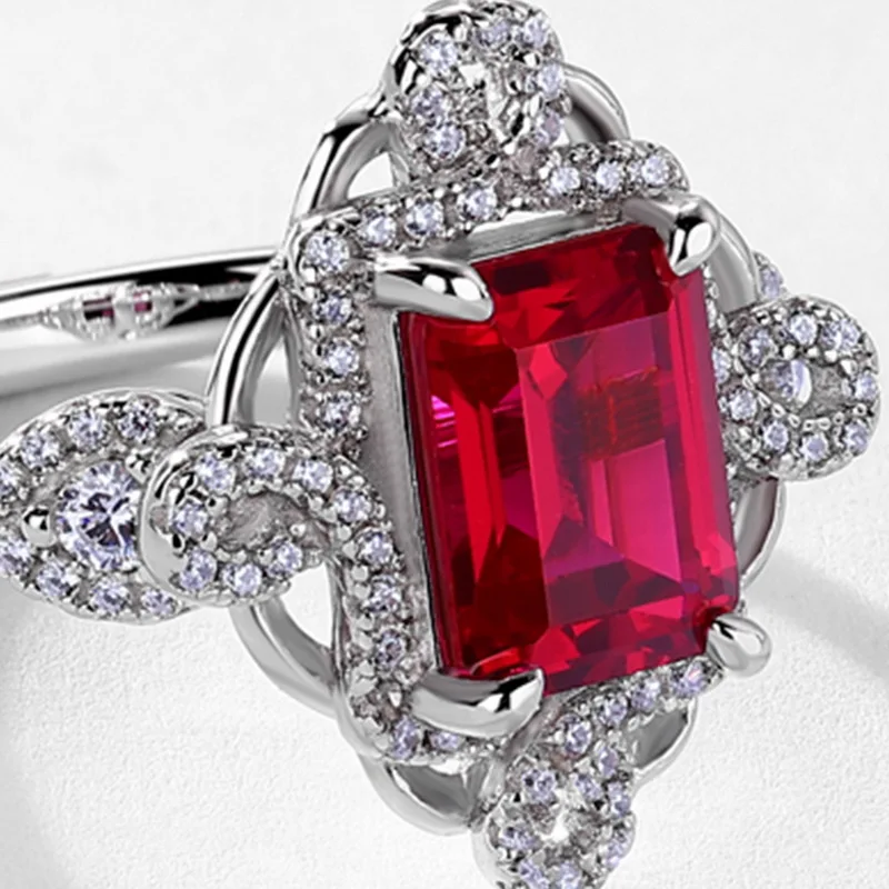 JewelyKing S925 Sterling Silver Emerald Lab Grown Ruby Halo Vintage Cocktail Ring JKRS0254