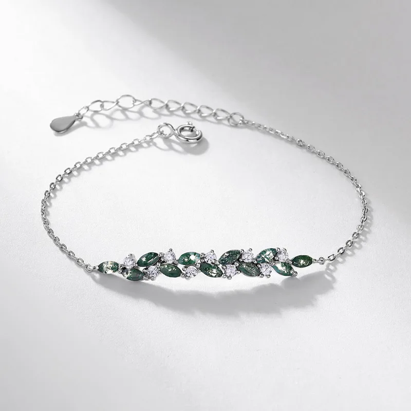 Jewelyking S925 Sterling Silver Nature Leaf Adjustable Oval Moss Agate Bracelet JKBS0040