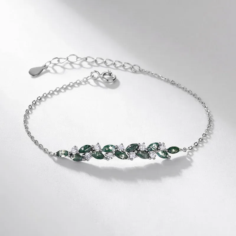 Jewelyking S925 Sterling Silver Nature Leaf Adjustable Oval Moss Agate Bracelet JKBS0040
