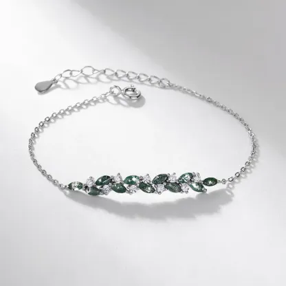 Jewelyking S925 Sterling Silver Nature Leaf Adjustable Oval Moss Agate Bracelet JKBS0040