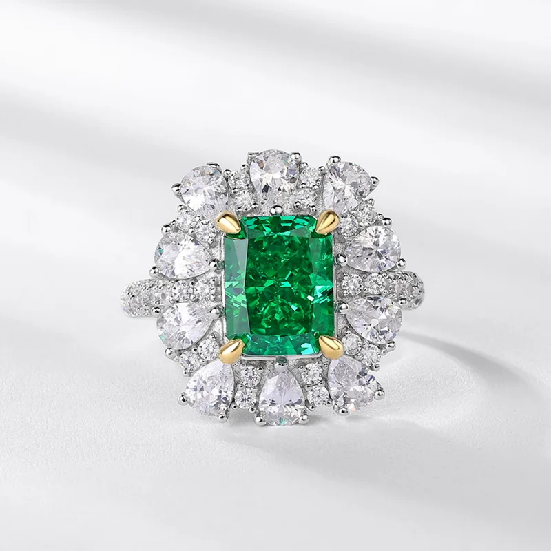 S925 Sterling Silver Ring for Women Colored Ice Flower Cut Rectangle Emerald Snowflake Green Zirconia Lab Grown Diamond Ring