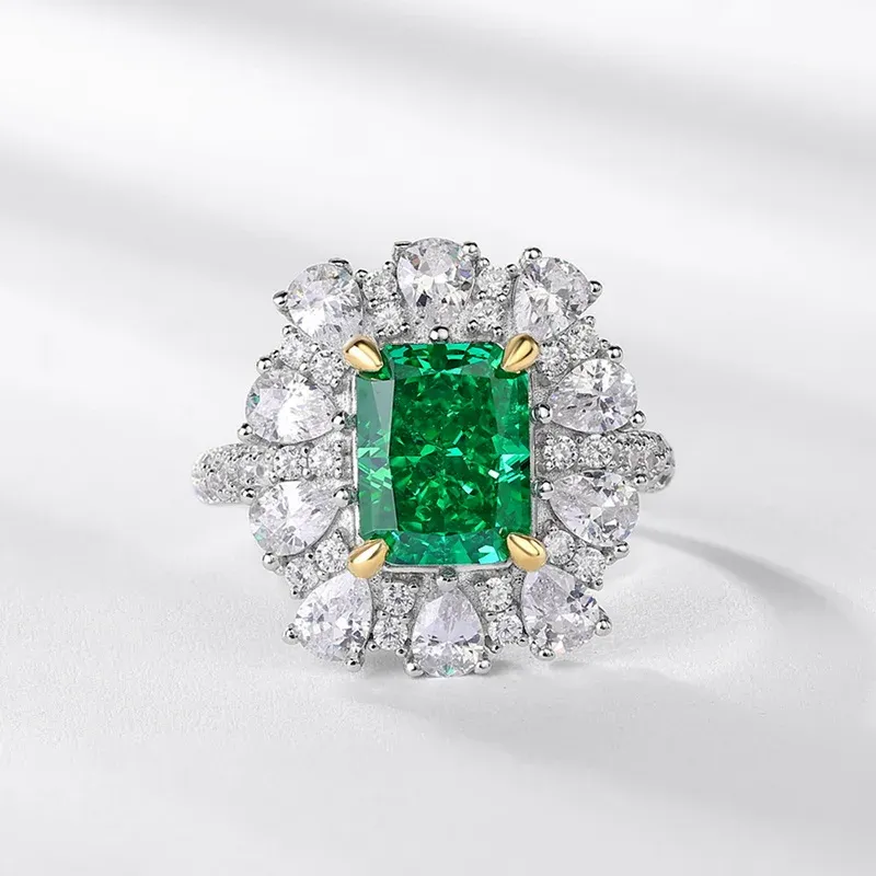 S925 Sterling Silver Ring for Women Colored Ice Flower Cut Rectangle Emerald Snowflake Green Zirconia Lab Grown Diamond Ring