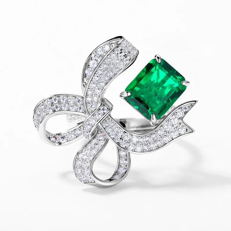 Panyu Custom Lab Emerald Bow Ring in 925 Sterling Silver FIne Jewelry Set