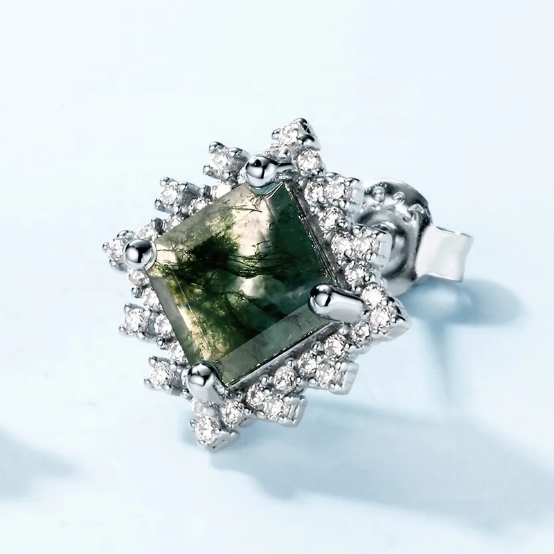 Jewelyking S925 Sterling Silver Square Shape Gemstone Simple Classic Square Moss Agate Stud Earring JKES0082