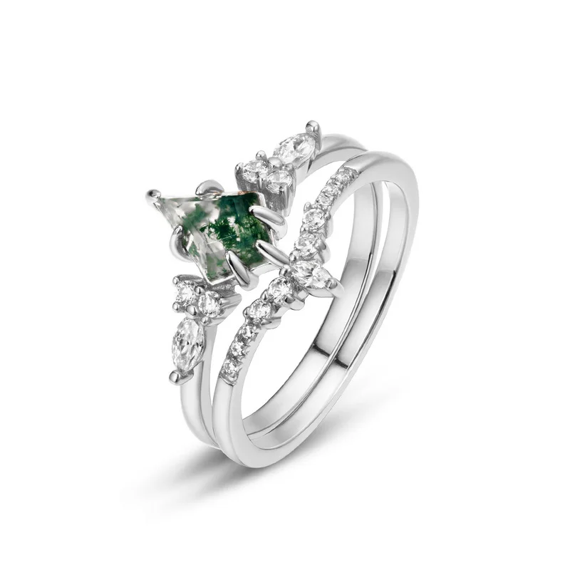 JewelyKing S925 Sterling Silver Rhombus-Shaped Gemstone Moss Agate CZ Wedding Ring JKRS0229
