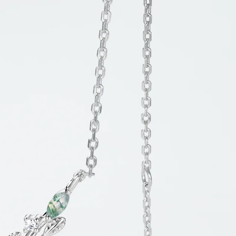 JewelyKing Moss Agate S925 Sterling Silver Necklace Pendant Teardrop Vine Branch JKNS0015