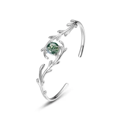 Jewelyking S925 Sterling Silver Fine Jewelry Unique Style Green Natural Moss Agate Gemstone Bracelet JKBS0037