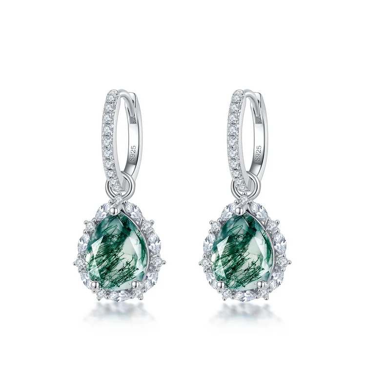 Jewelyking S925 Sterling Silver Clear Cubic Zirconia Huggie Hoop Pear Shaped Green Moss Agate Teardrops Dangle Earrings JKES0079