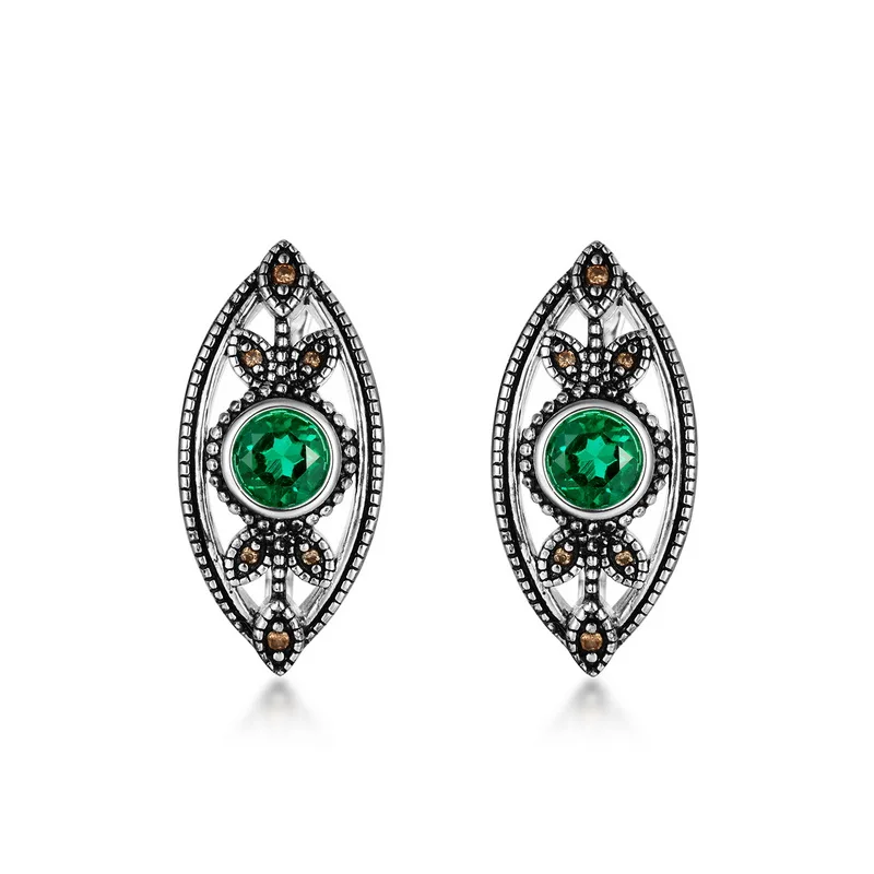Panyu Factory 925 Sterling Silver Plated Gemstone Vintage Lab Emerald Hollow Leaf Earrings