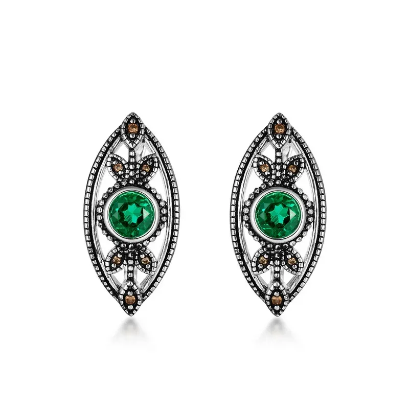 Panyu Factory 925 Sterling Silver Plated Gemstone Vintage Lab Emerald Hollow Leaf Earrings