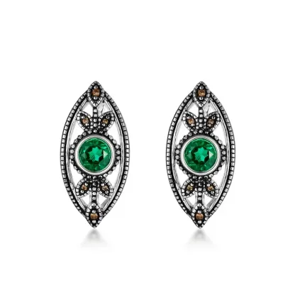 Panyu Factory 925 Sterling Silver Plated Gemstone Vintage Lab Emerald Hollow Leaf Earrings
