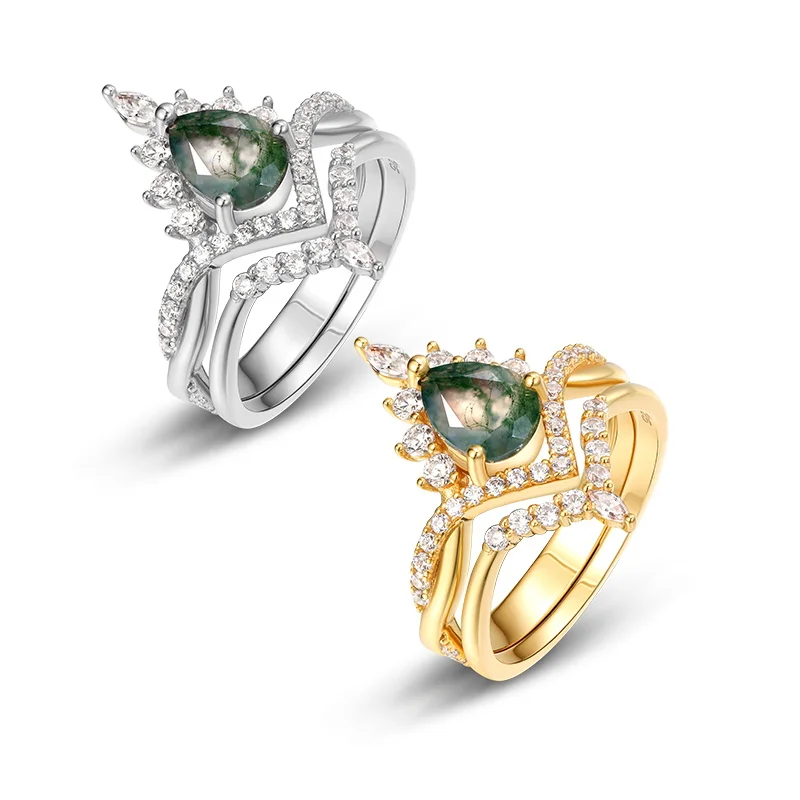 JewelyKing S925 Sterling Silver Luxury Gemstone Vintage Moss Agate Engagement Rings JKRS0150