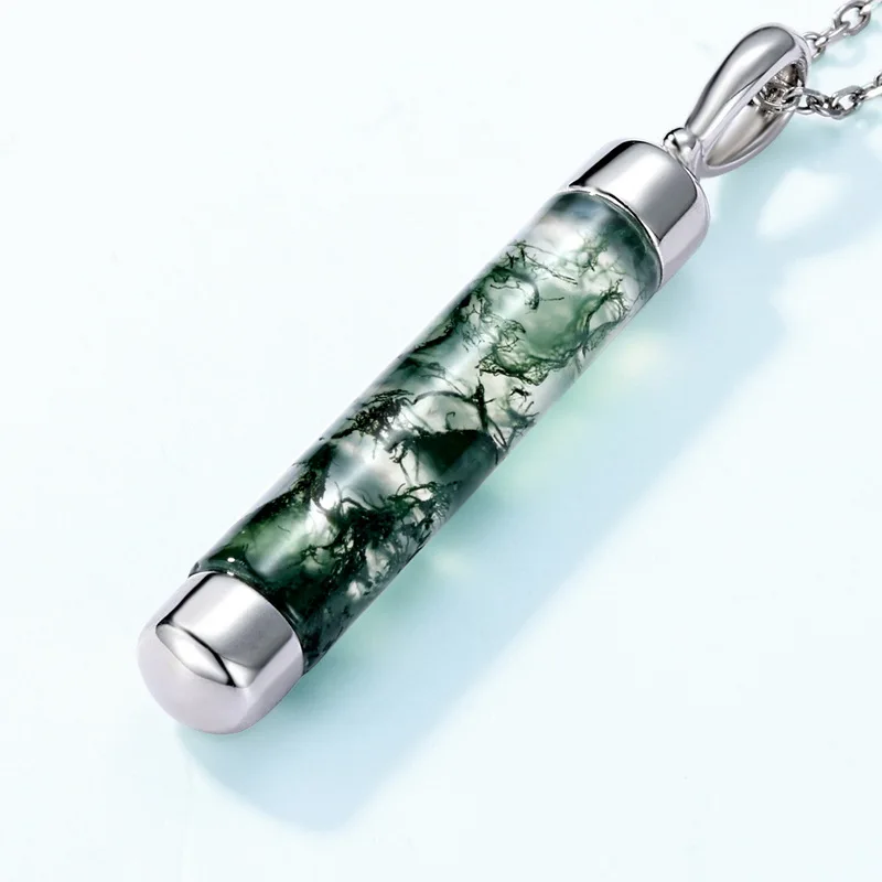 JewelyKing S925 Sterling Silver Natural Green Moss Agate Cylinder Bezel Set Minimalist Bar Necklace JKRS0031