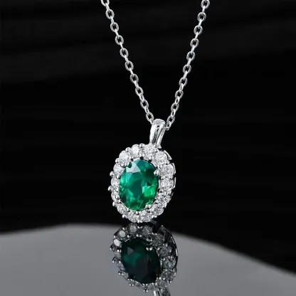 S925 Sterling Silver Lab Created Emerald Pendant Necklace for Women Retro European and American Style Jewelry