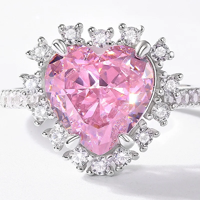 JewelyKing S925 Sterling Silver Pink Heart High Carbon Diamond Zirconia Adjustable Engagement Ring JKRS0260