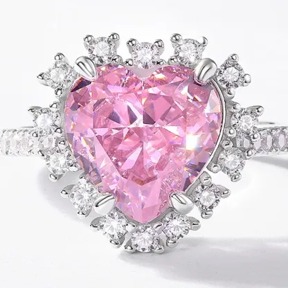 JewelyKing S925 Sterling Silver Pink Heart High Carbon Diamond Zirconia Adjustable Engagement Ring JKRS0260
