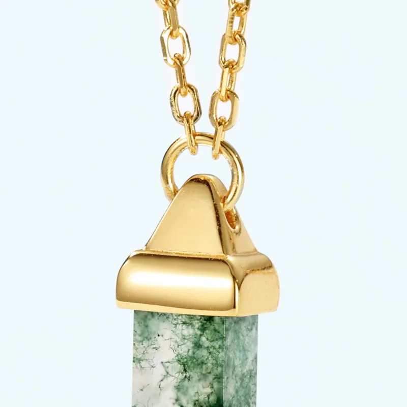 Jewelyking Natural Green Moss Agate 18K Gold Healing Gemstone Hexagonal Dot Necklace Pendant JKNS0100