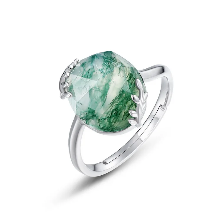 JewelyKing S925 Sterling Silver Cushion Cut Green Moss Agate Open Leaf Branch Adjustable Boho Minimalist Ring JKRS0211