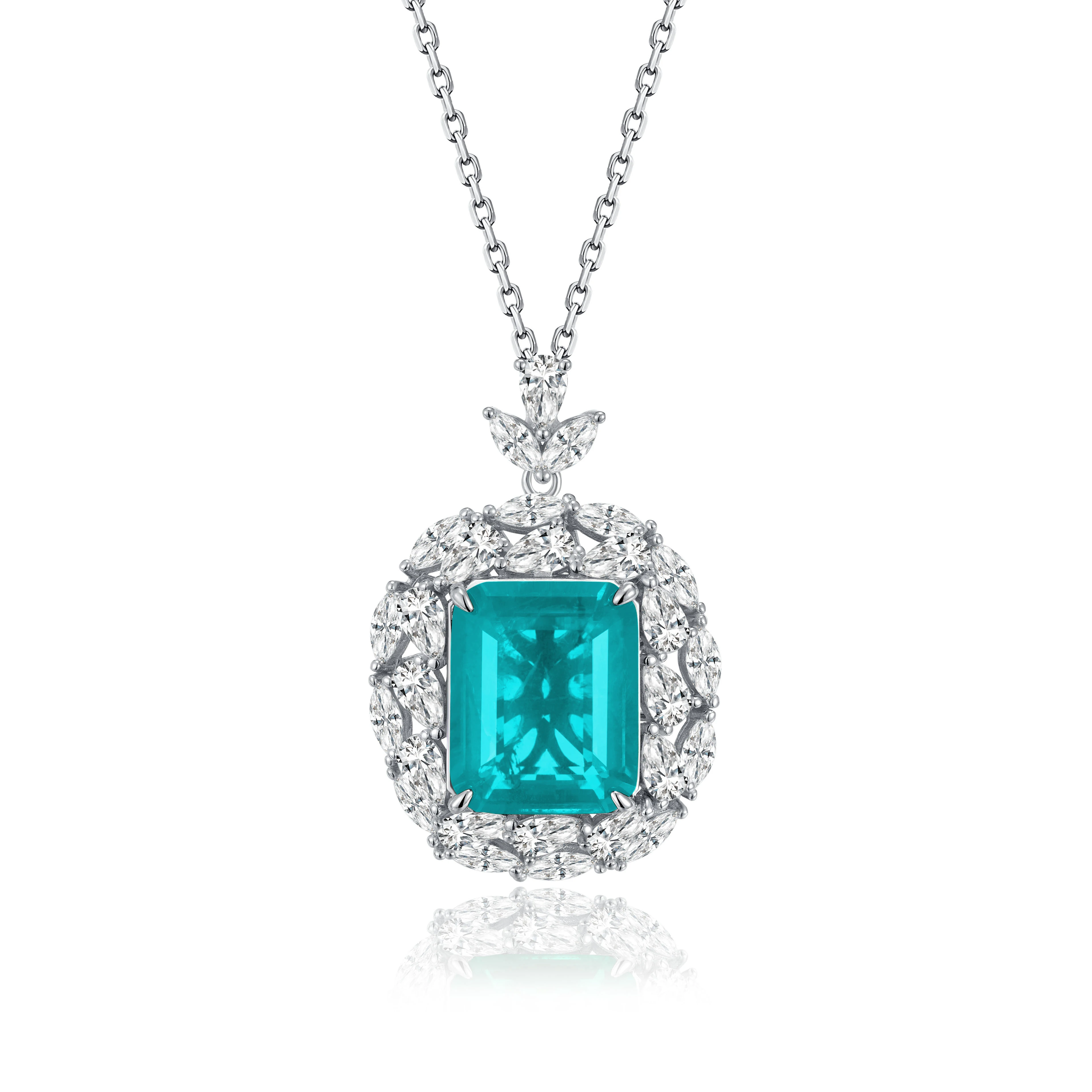 JewelyKing S925 Sterling Silver Green Emerald Cut Pendant Necklace JKNS0173