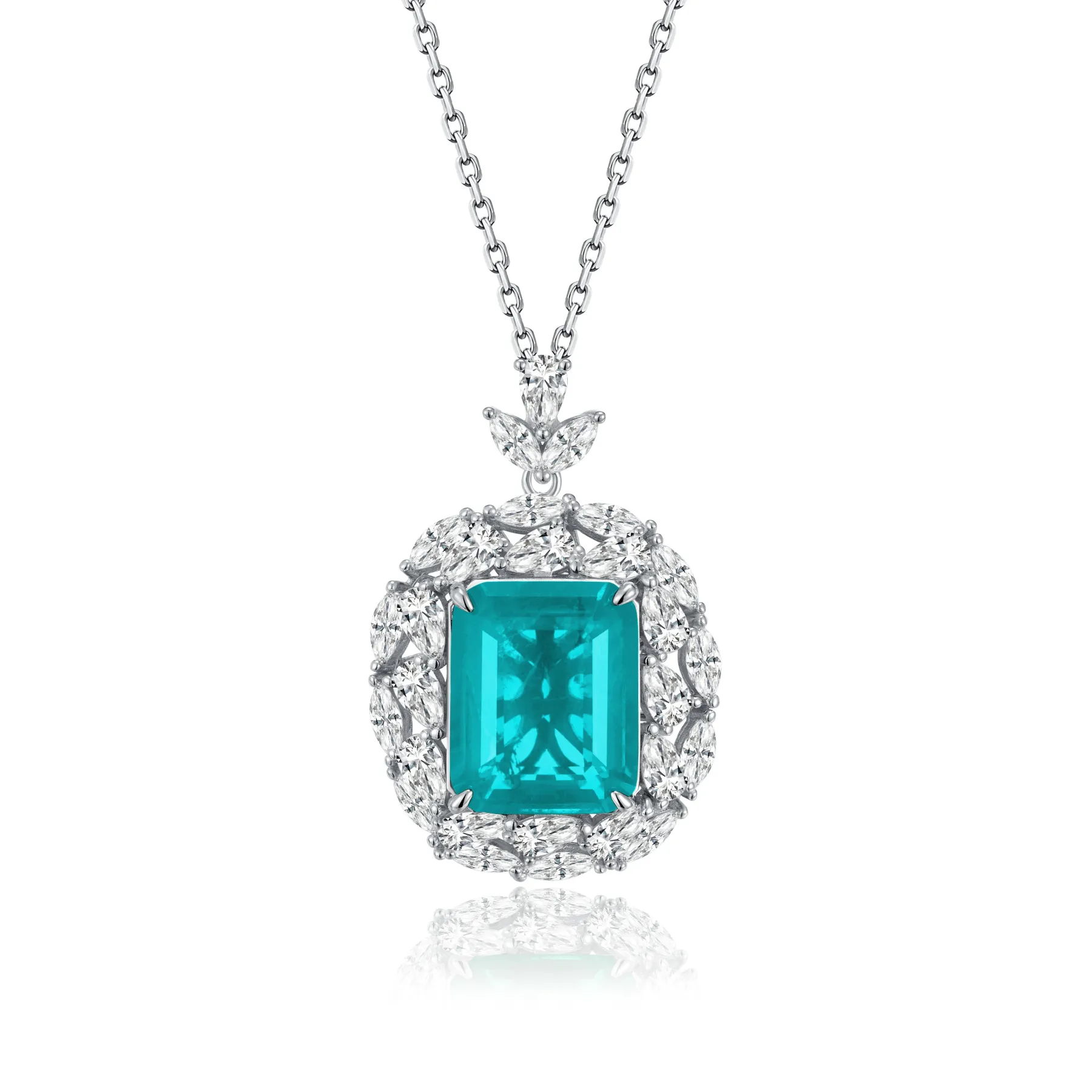 JewelyKing S925 Sterling Silver Green Emerald Cut Pendant Necklace JKNS0173
