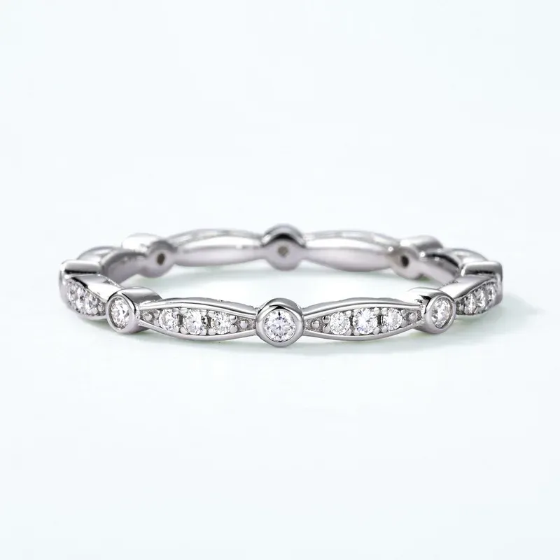 JewelyKing S925 Sterling Silver Moissanite Stackable Eternity Band Vintage Bezel Pave Design Stacking Ring JKRS0015