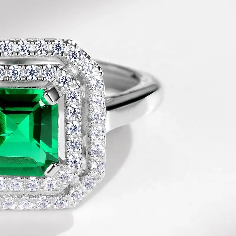 Minimalist 925 Sterling Silver Cubic Zirconia Adjustable Ring Square Emerald Cut Created Green Emeralds Open Ring Jewelry