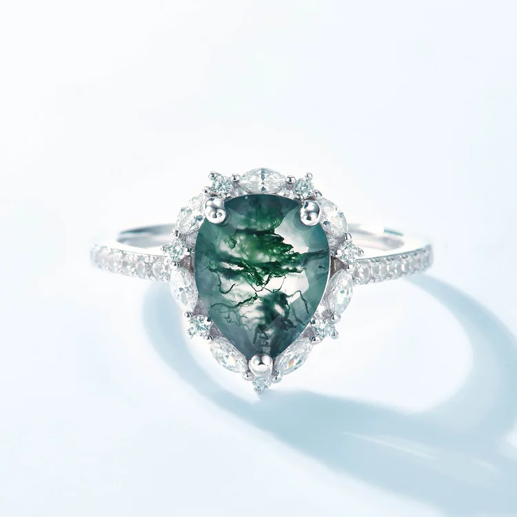 JewelyKing S925 Silver Green Moss Agate Diamond White Gold Plated Water Drop Diamond Wedding Ring JKRS0224