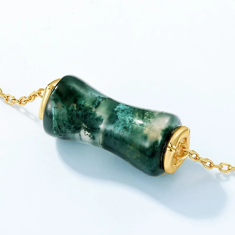 Jewelyking S925 Sterling Silver Green Moss Agate Gold Plated Bamboo Barrel Bead CZ Accent Adjustable Chain Bracelet JKBS0039