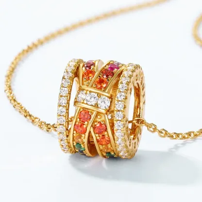 JewelyKing S925 Sterling Silver 14K Gold Plated Enamel Zircon Barrel Pendant Necklace JKNS0166