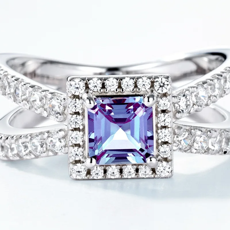 JewelyKing S925 Sterling Silver Cushion Cut Gemstone Lab Grown Alexandrite Ring JKRS0004
