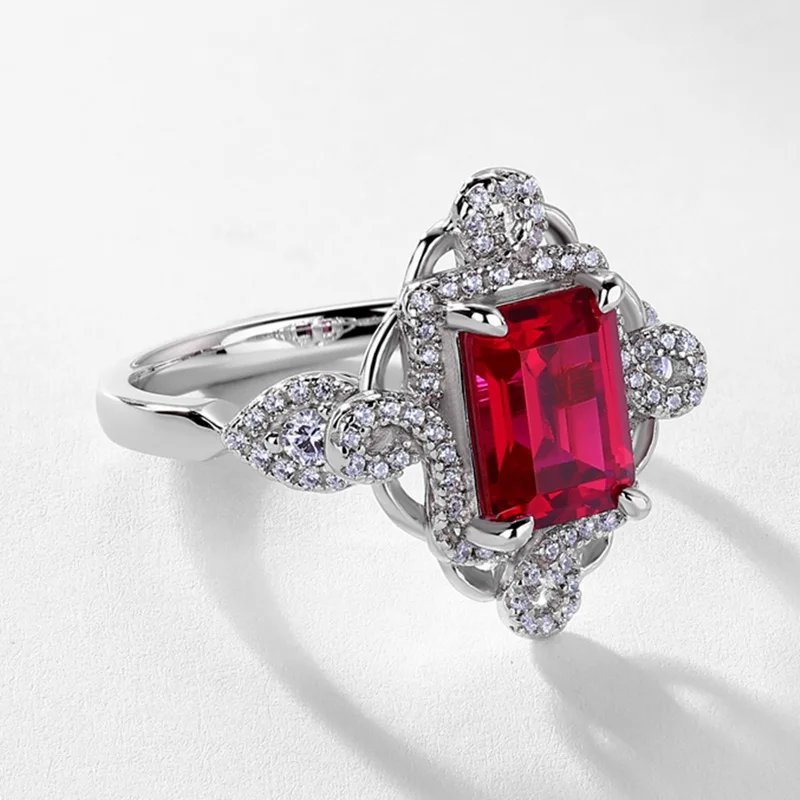 JewelyKing S925 Sterling Silver Emerald Lab Grown Ruby Halo Vintage Cocktail Ring JKRS0254
