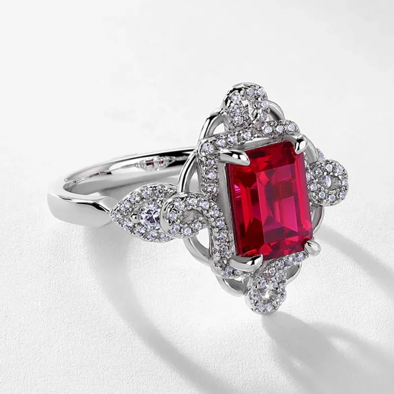 JewelyKing S925 Sterling Silver Emerald Lab Grown Ruby Halo Vintage Cocktail Ring JKRS0254