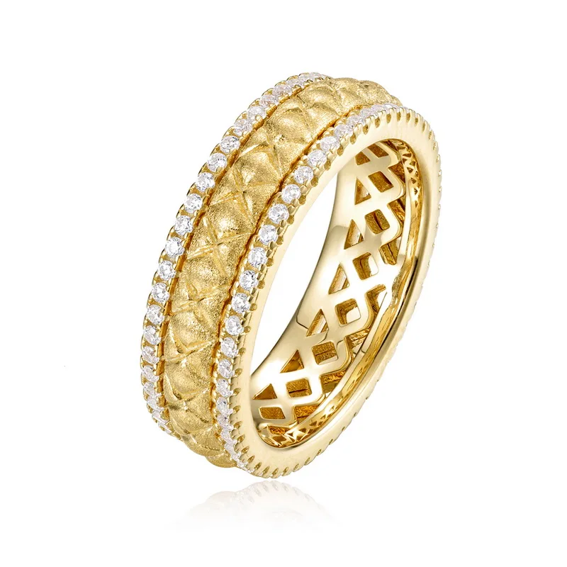Jewelyking S925 Sterling Silver 14K Gold Plated Sandblasted Zircon Inlay Geometric Hollow Band Ring JKRS0114