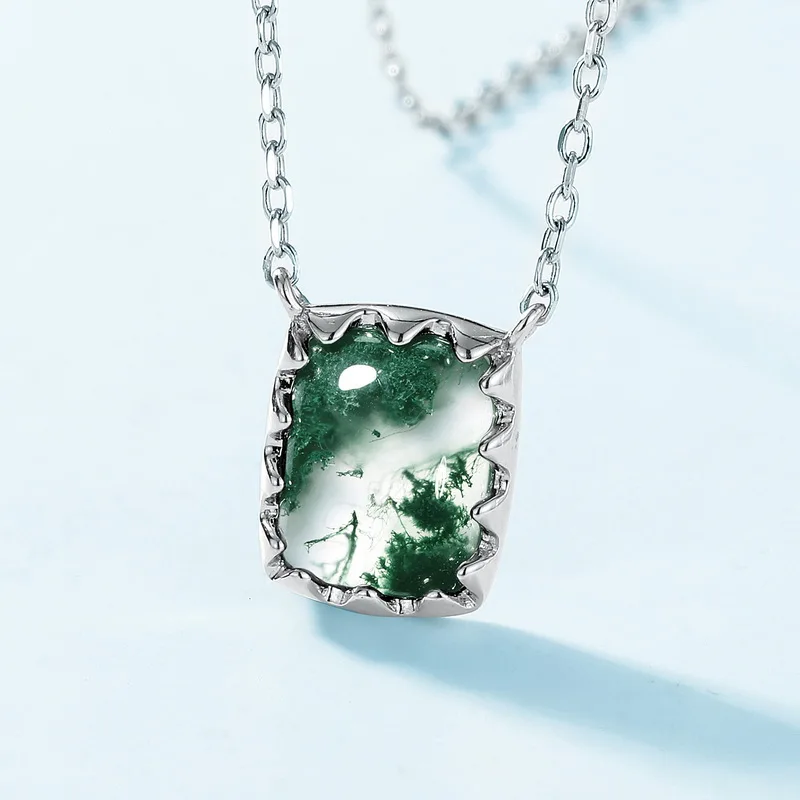 Jewelyking S925 Sterling Silver vintage Design Moss Agate Big Pendant Necklace JKNS0111
