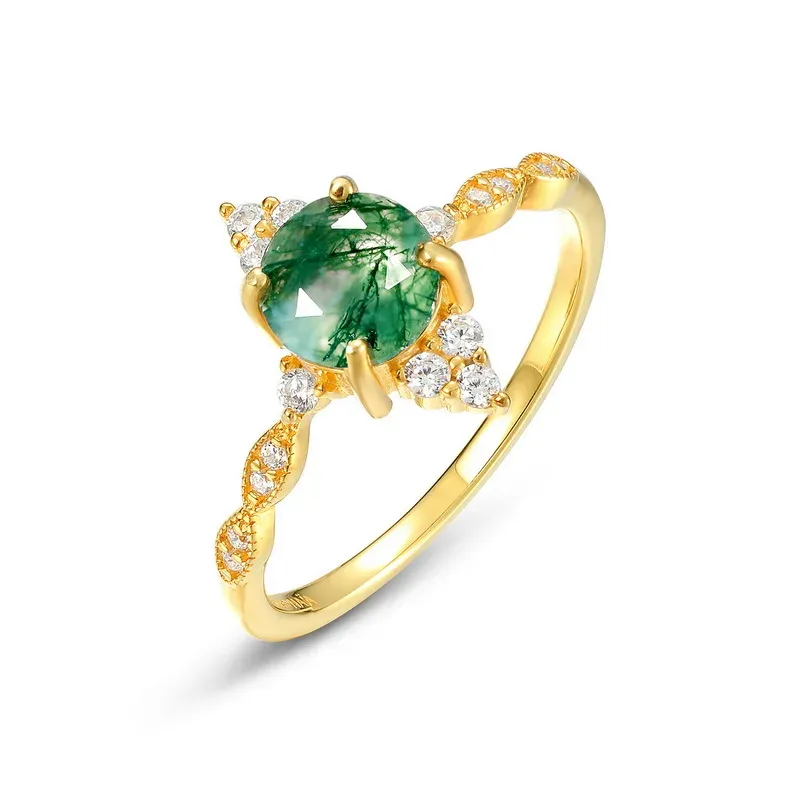 JewelyKing S925 Antique Round Gemstone Green Moss Agate CZ Engagement Ring JKRS0199