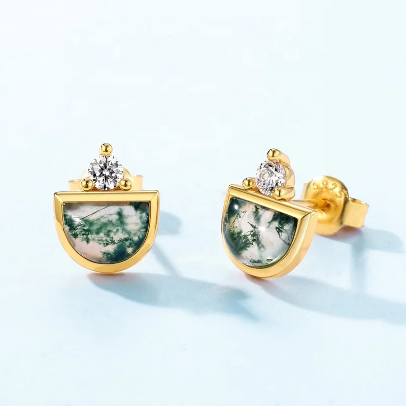 Jewelyking S925 Sterling Silver Green Moss Agate Silver Natural Gemstone Stud Earrings JKES0081