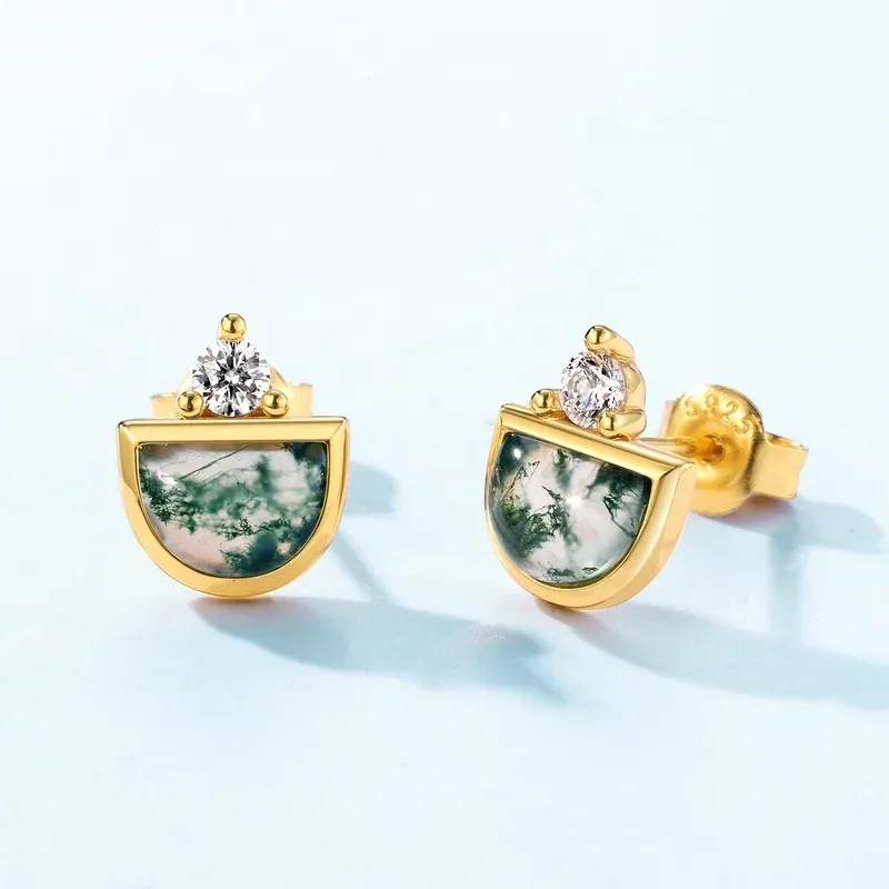Jewelyking S925 Sterling Silver Green Moss Agate Silver Natural Gemstone Stud Earrings JKES0081