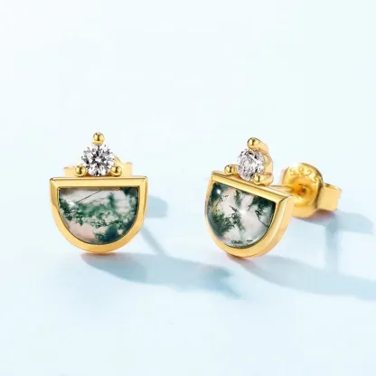Jewelyking S925 Sterling Silver Green Moss Agate Silver Natural Gemstone Stud Earrings JKES0081
