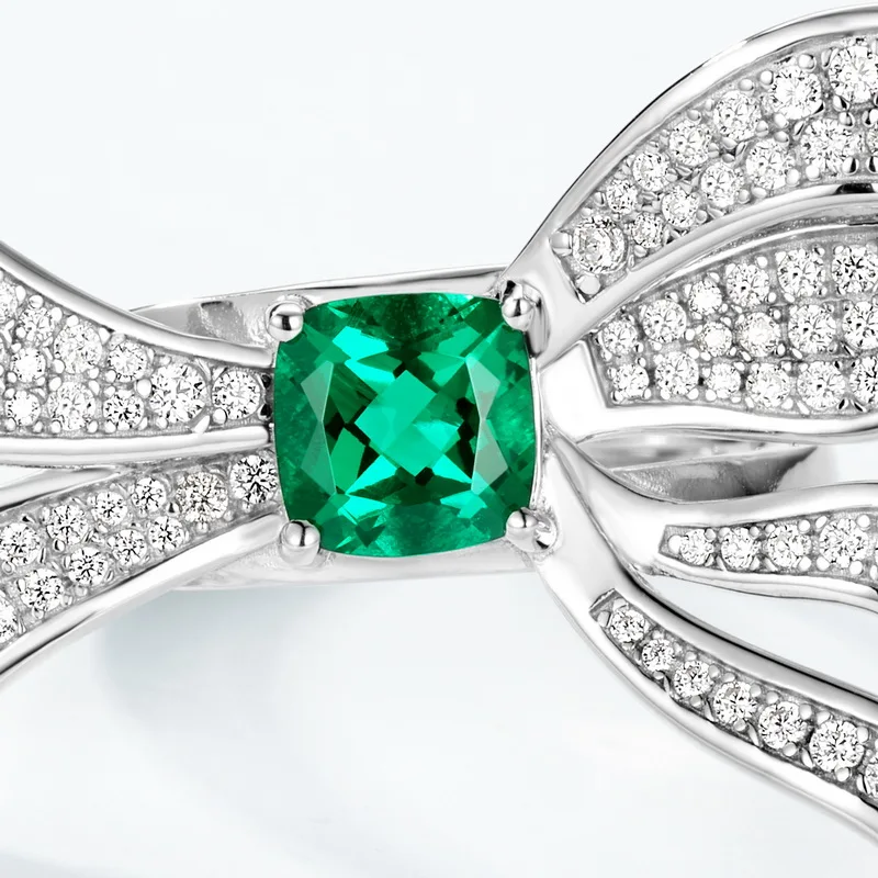 New Cushion Cut Half Bow Knot Lab Grown Emerald Ring S925 Sterling Silver French Style Daily Commuting Jewelry for Women