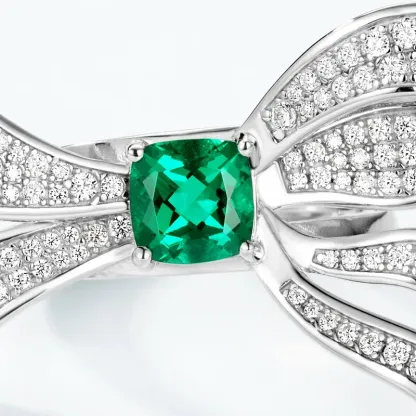 New Cushion Cut Half Bow Knot Lab Grown Emerald Ring S925 Sterling Silver French Style Daily Commuting Jewelry for Women