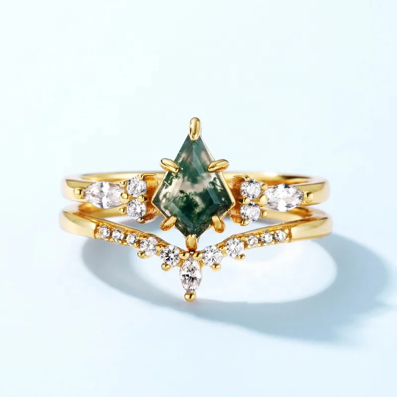 JewelyKing Kite Shape Moss Agate Sterling Silver Ring Simple Gemstone Opal Stackable Ring Green Moss Agate Vintage Ring JKRS0172