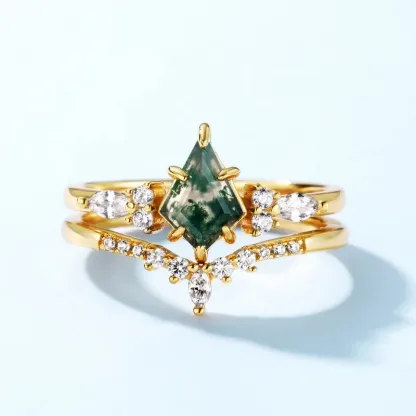 JewelyKing Kite Shape Moss Agate Sterling Silver Ring Simple Gemstone Opal Stackable Ring Green Moss Agate Vintage Ring JKRS0172