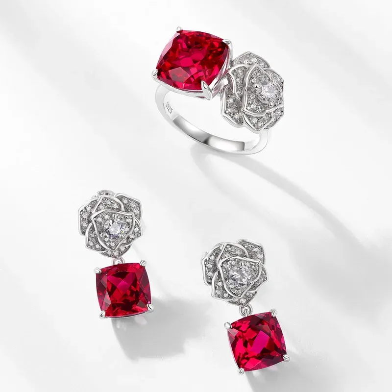 Lab Grown Gemstone Ruby Married Engagement Ring White Gold Plated 925 Silver Luxury Ring for Women Jewelry Set