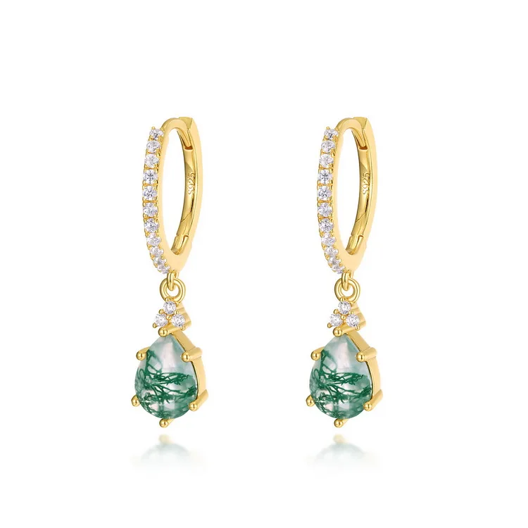 Jewelyking S925 Sterling Silver Classic Hoop Moss Agate Stones Sterling Silver Gold Plated Huggie Earrings JKES0076