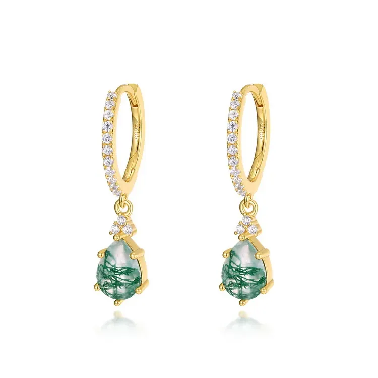 Jewelyking S925 Sterling Silver Classic Hoop Moss Agate Stones Sterling Silver Gold Plated Huggie Earrings JKES0076