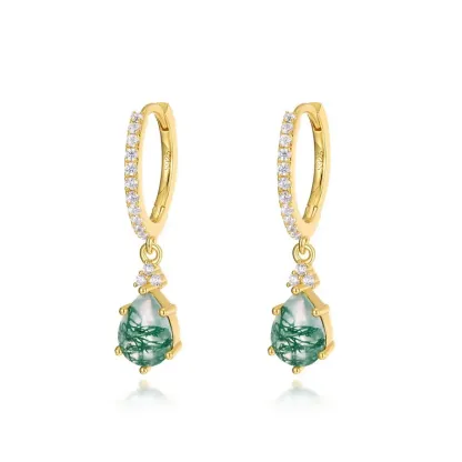 Jewelyking S925 Sterling Silver Classic Hoop Moss Agate Stones Sterling Silver Gold Plated Huggie Earrings JKES0076